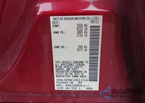 2013 Nissan Altima 2.5 Sv z USA, uszkodzony, nr VIN 1N4AL3APXDC261154